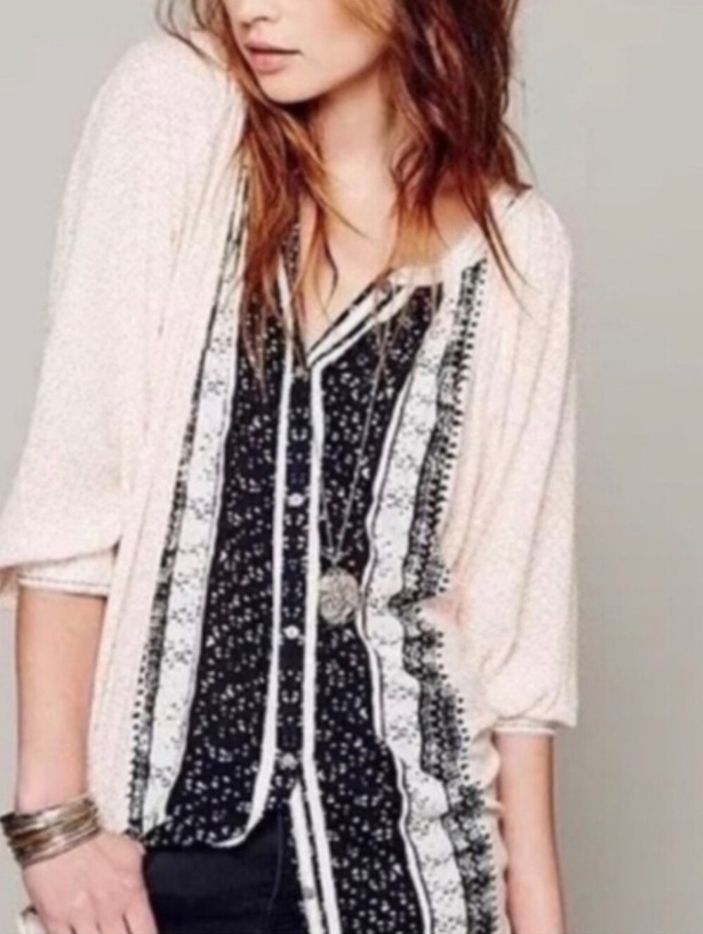 FREE PEOPLE × REVOLVE Days Of Romance Ivory Navy Oversized Boho Peasant Top XS